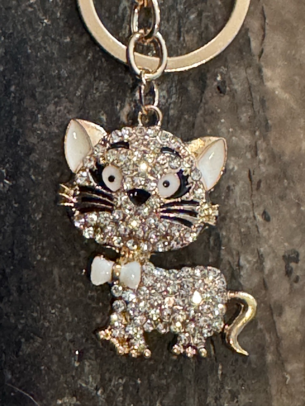 Kitty Cat Bag Charm NIP Keychain Enamel Clear Rhinestones NEW White Black Gold